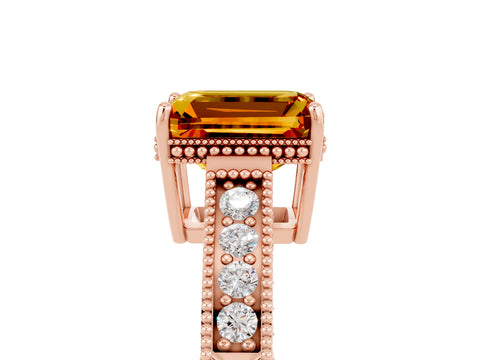 Rose gold Emerald Cut Citrine Ring with Milgrain Pavé Band and Four-Prong Setting_17