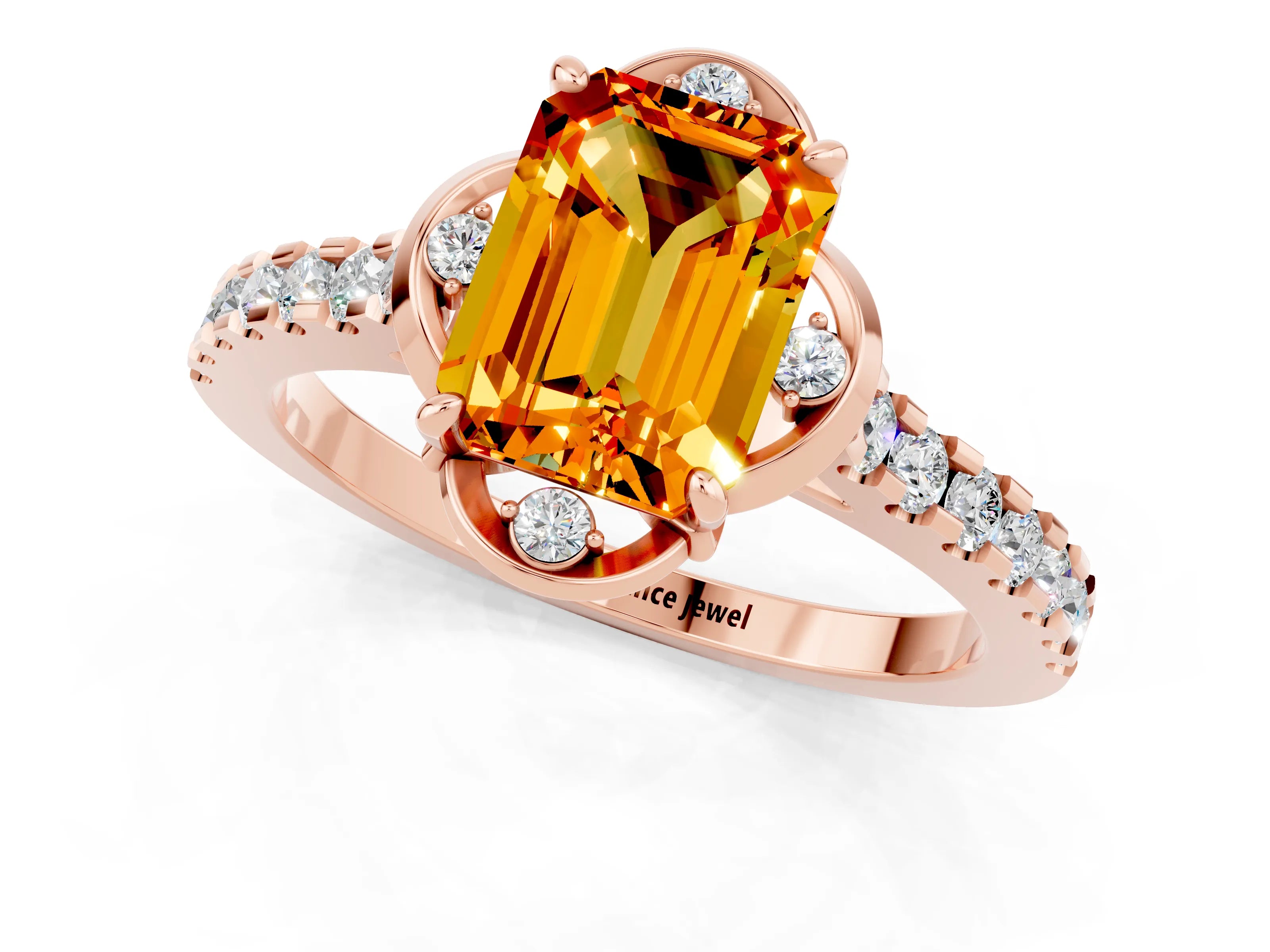 Rose gold Emerald Cut Citrine Ring with Pavé Band and Floral Prong Setting_1