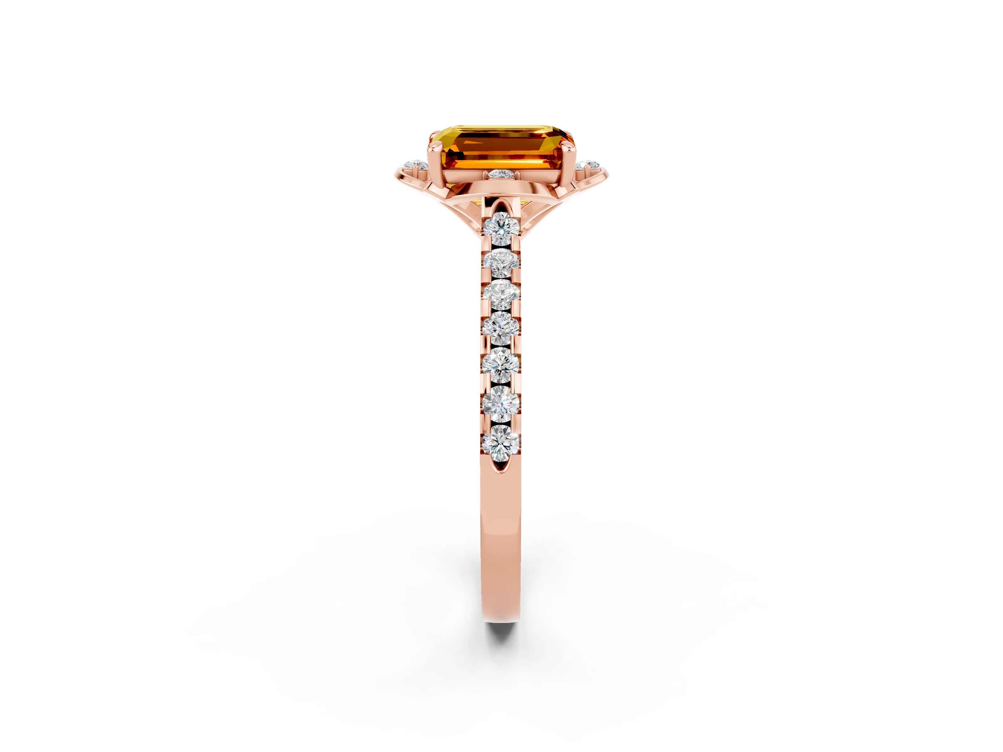 Rose gold Emerald Cut Citrine Ring with Pavé Band and Floral Prong Setting_2