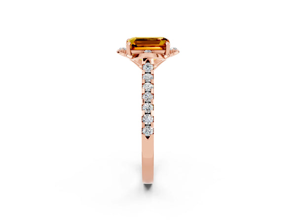 Rose gold Emerald Cut Citrine Ring with Pavé Band and Floral Prong Setting