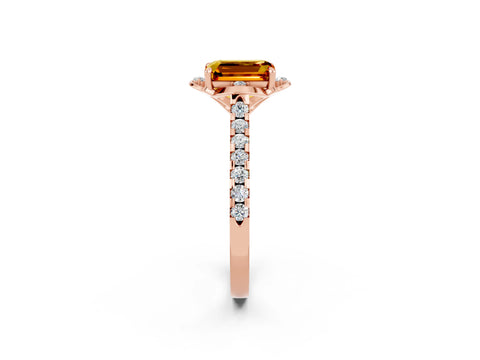 Rose gold Emerald Cut Citrine Ring with Pavé Band and Floral Prong Setting_2