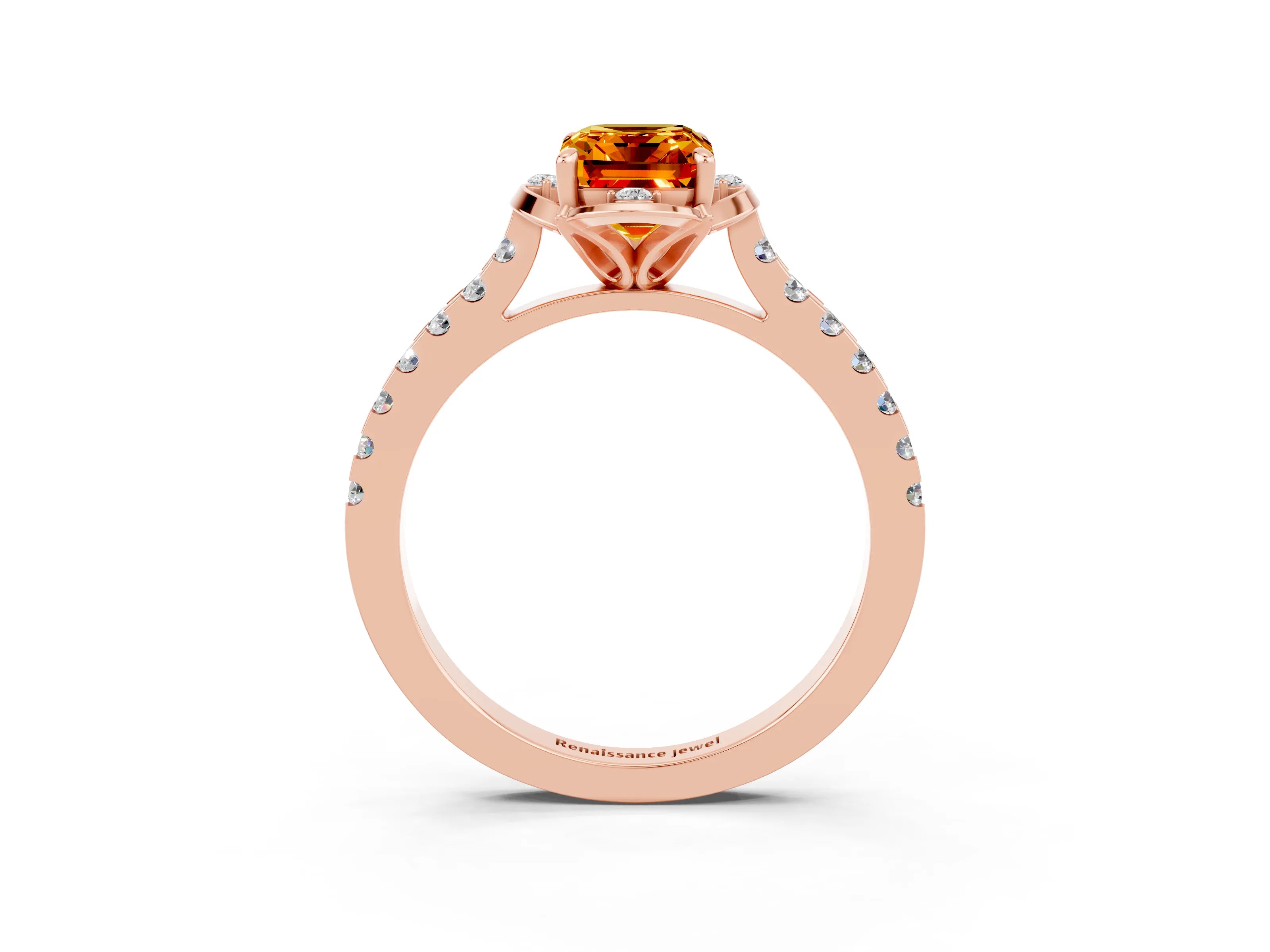 Rose gold Emerald Cut Citrine Ring with Pavé Band and Floral Prong Setting_3