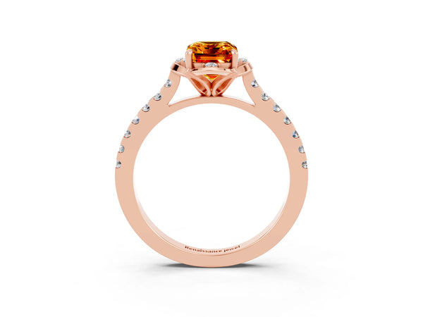 Rose gold Emerald Cut Citrine Ring with Pavé Band and Floral Prong Setting