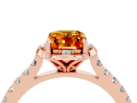 Rose gold Emerald Cut Citrine Ring with Pavé Band and Floral Prong Setting_4