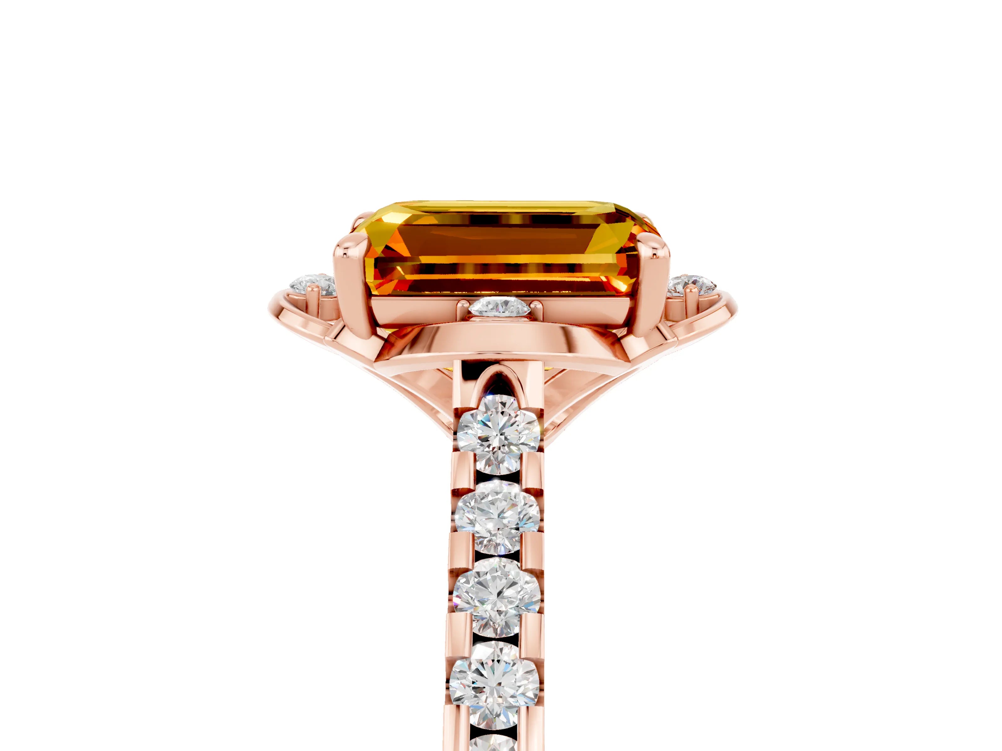 Rose gold Emerald Cut Citrine Ring with Pavé Band and Floral Prong Setting_5