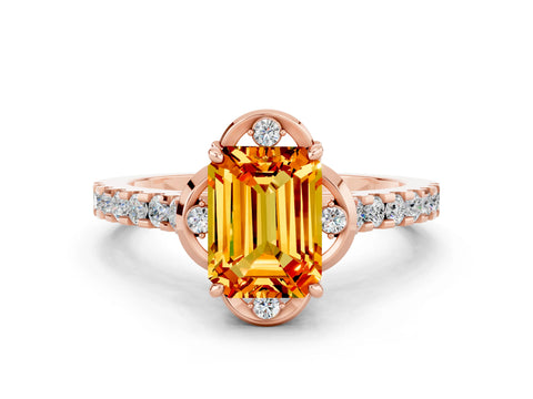 Rose gold Emerald Cut Citrine Ring with Pavé Band and Floral Prong Setting