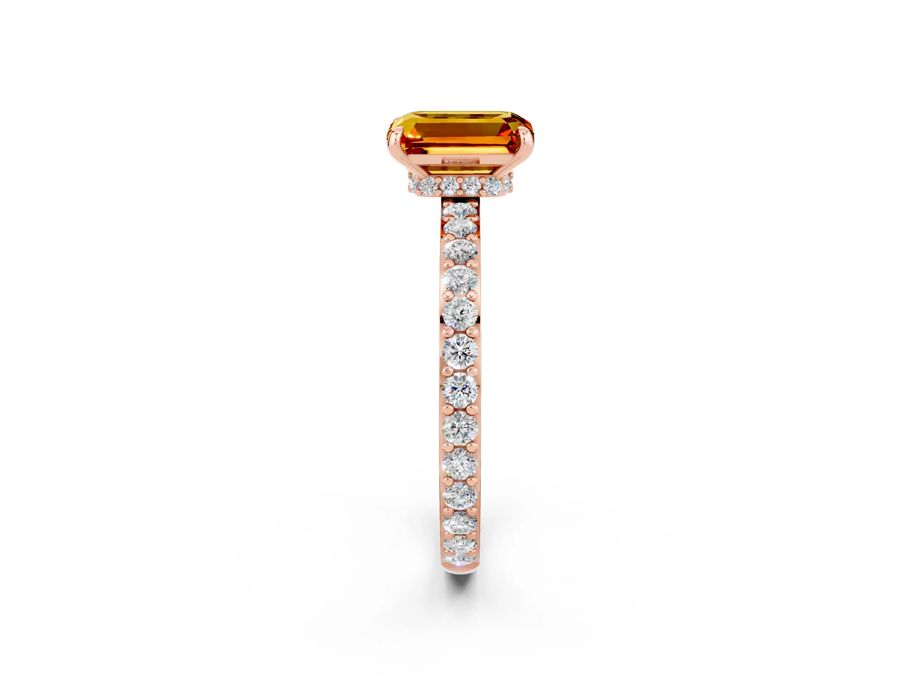 Rose gold Emerald Cut Citrine Ring with Pavé Band and Four-Prong Setting_2