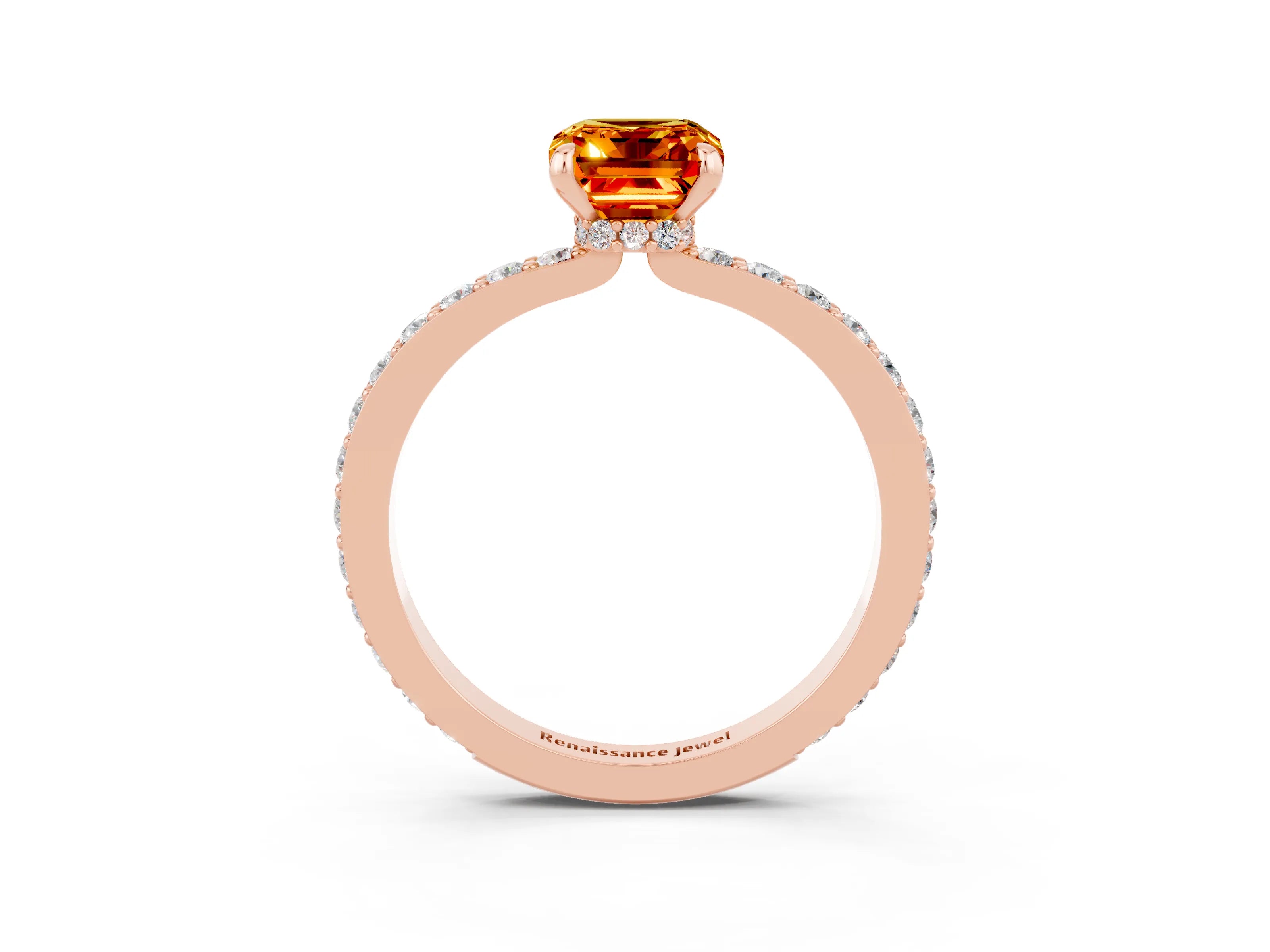 Rose gold Emerald Cut Citrine Ring with Pavé Band and Four-Prong Setting_3