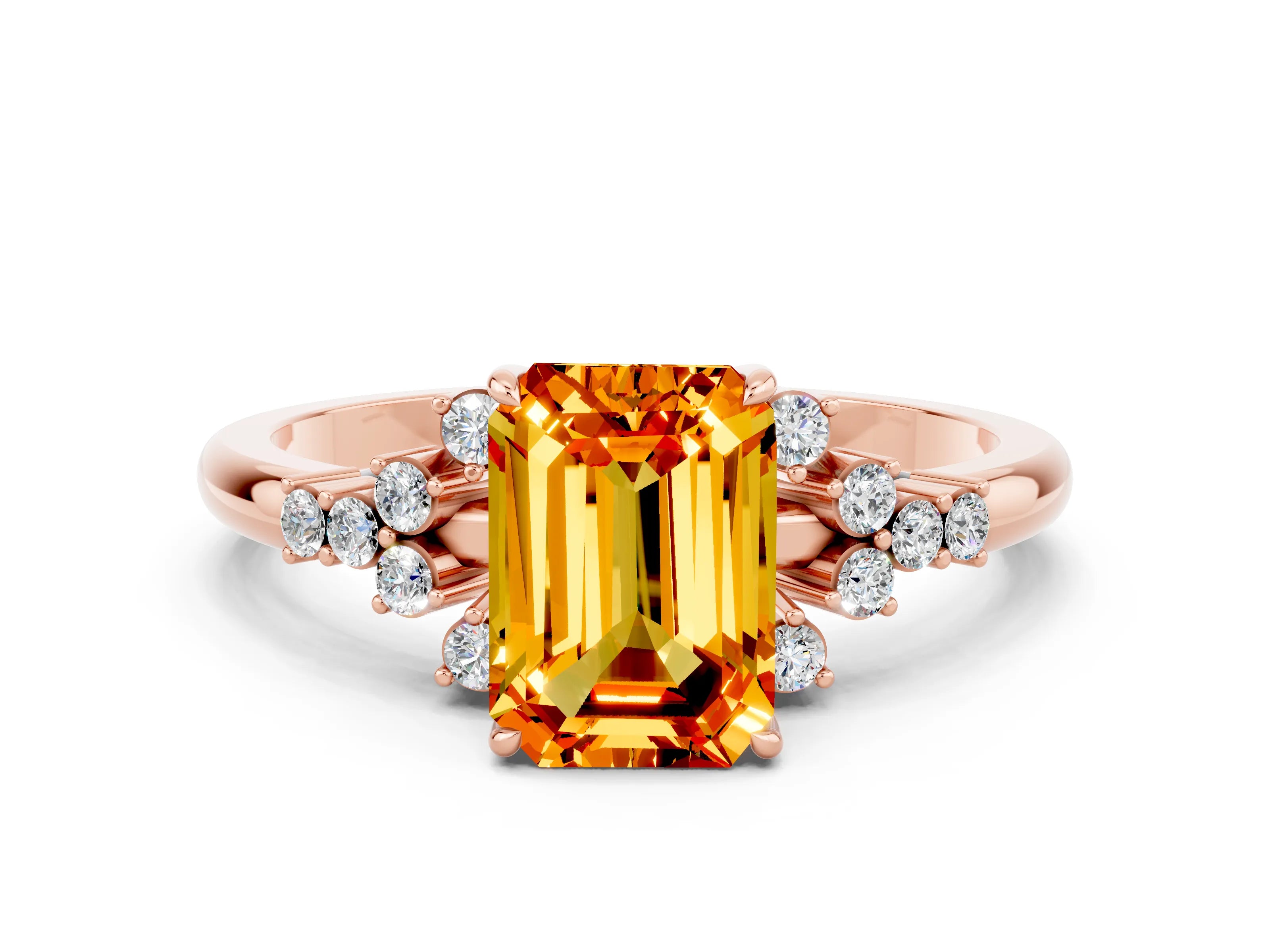 Rose gold Emerald Cut Citrine Ring with Side Stones and Four-Prong Setting_36