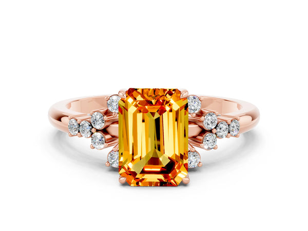 Rose gold Emerald Cut Citrine Ring with Side Stones and Four-Prong Setting
