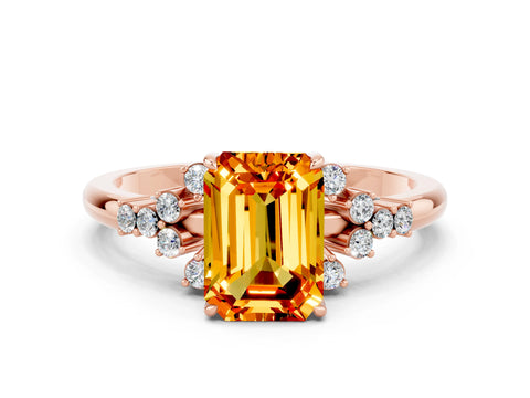 Rose gold Emerald Cut Citrine Ring with Side Stones and Four-Prong Setting_36