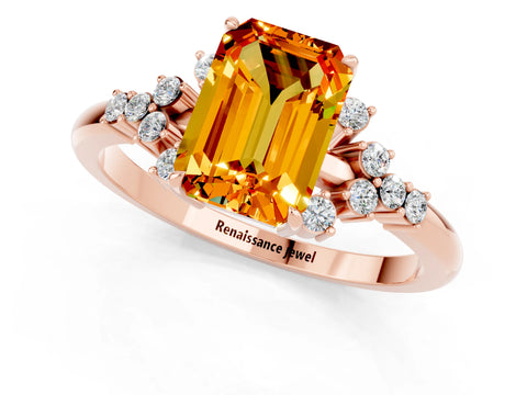 Rose gold Emerald Cut Citrine Ring with Side Stones and Four-Prong Setting_37