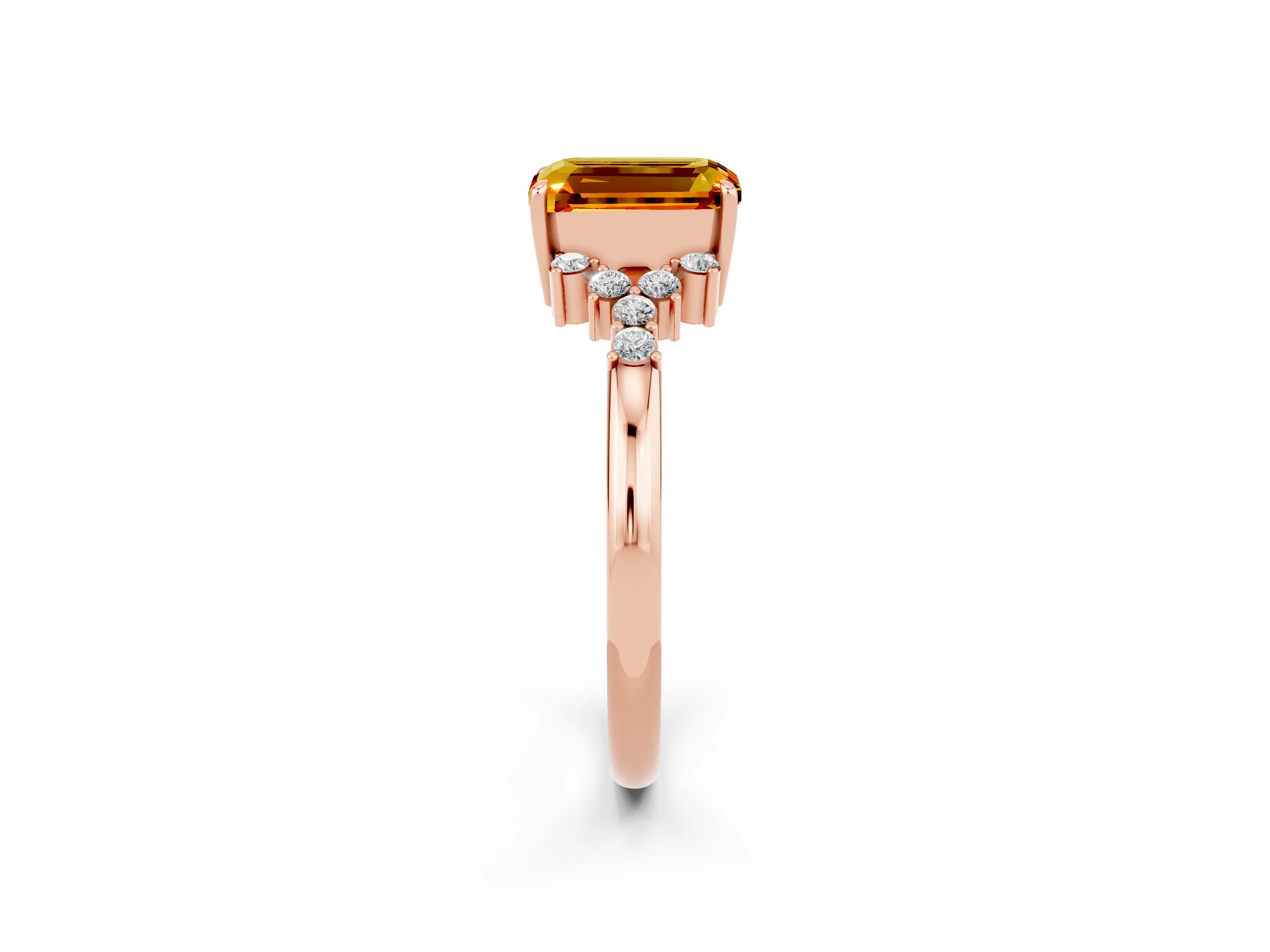 Rose gold Emerald Cut Citrine Ring with Side Stones and Four-Prong Setting_38