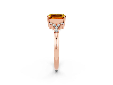 Rose gold Emerald Cut Citrine Ring with Side Stones and Four-Prong Setting_38