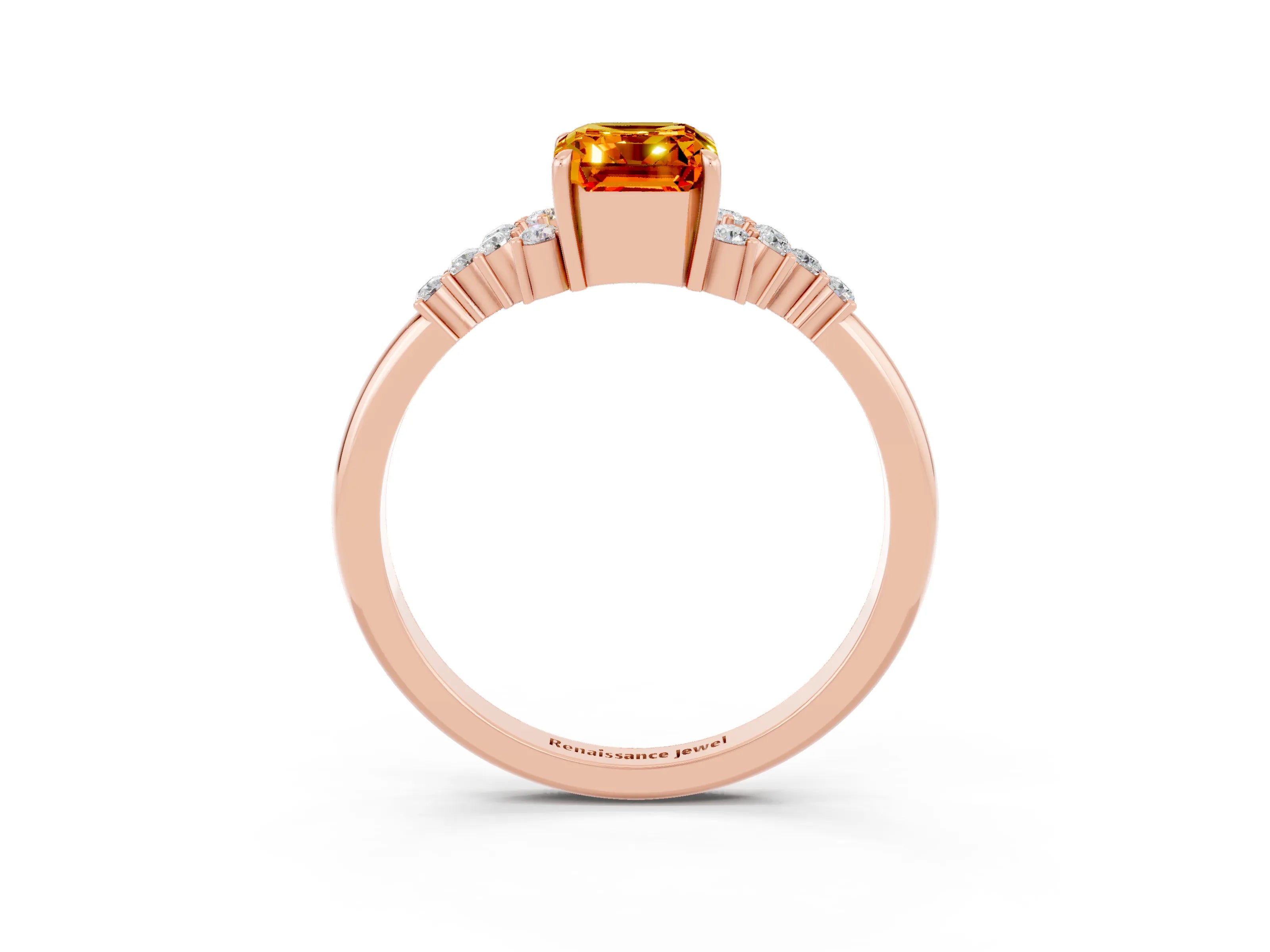 Rose gold Emerald Cut Citrine Ring with Side Stones and Four-Prong Setting_39