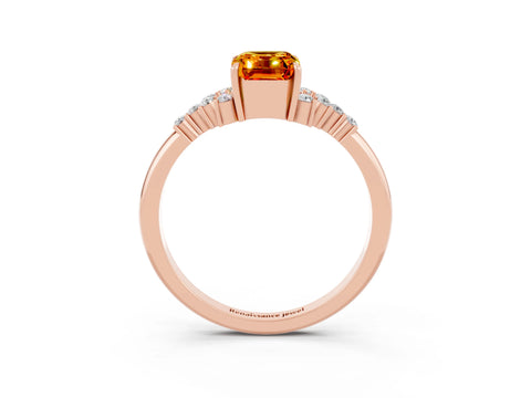 Rose gold Emerald Cut Citrine Ring with Side Stones and Four-Prong Setting_39