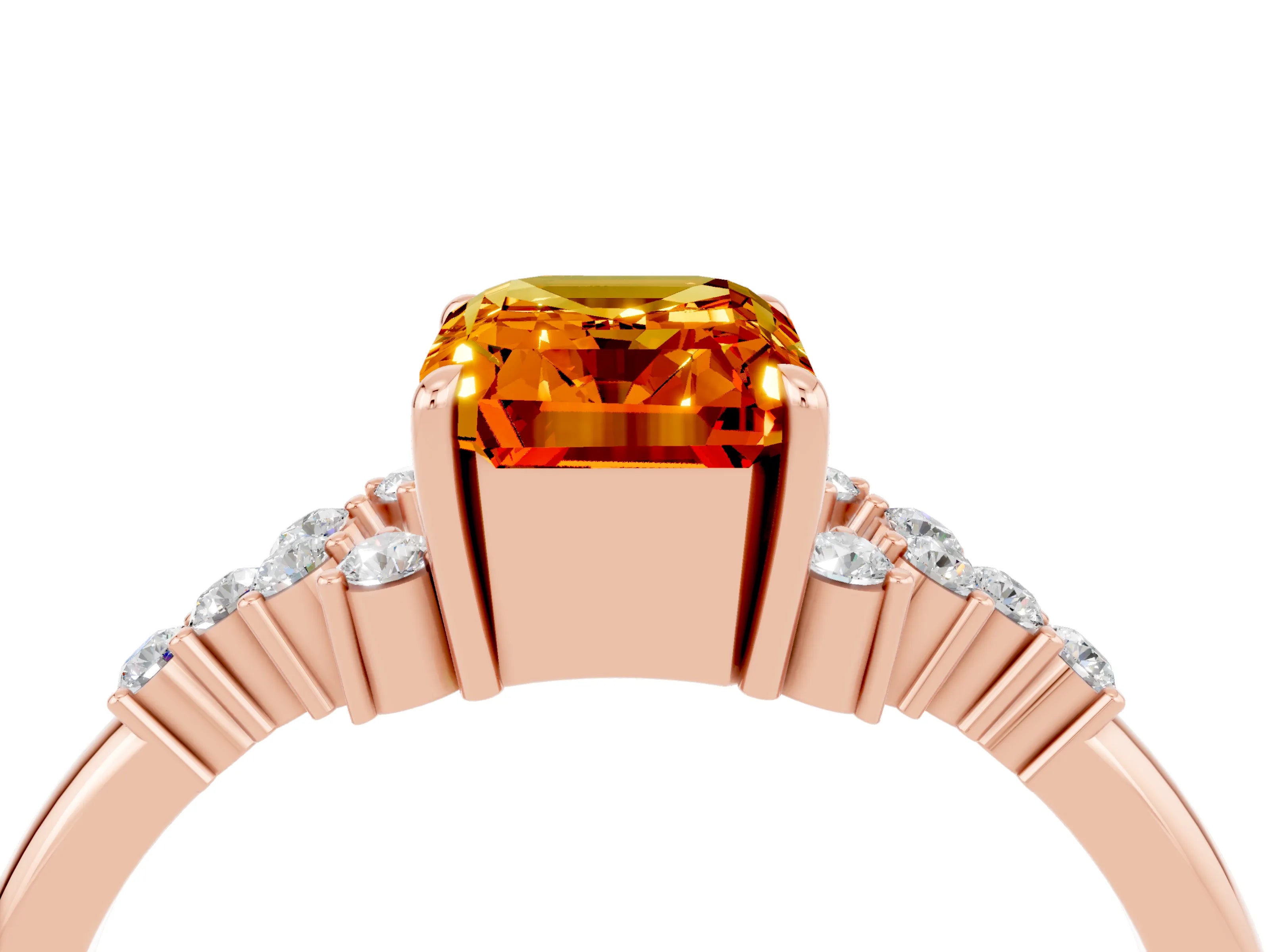 Rose gold Emerald Cut Citrine Ring with Side Stones and Four-Prong Setting_40