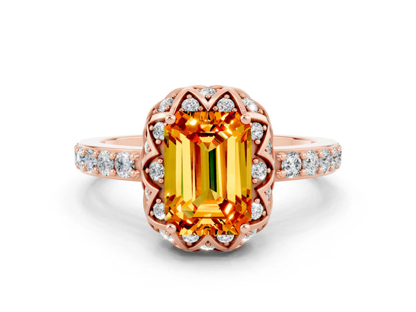 Rose gold Emerald Cut Citrine Scalloped Halo Engagement Ring with Round Shared Prong Band