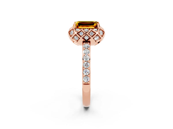 Rose gold Emerald Cut Citrine Scalloped Halo Engagement Ring with Round Shared Prong Band