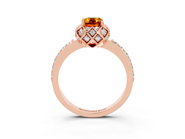 Rose gold Emerald Cut Citrine Scalloped Halo Engagement Ring with Round Shared Prong Band