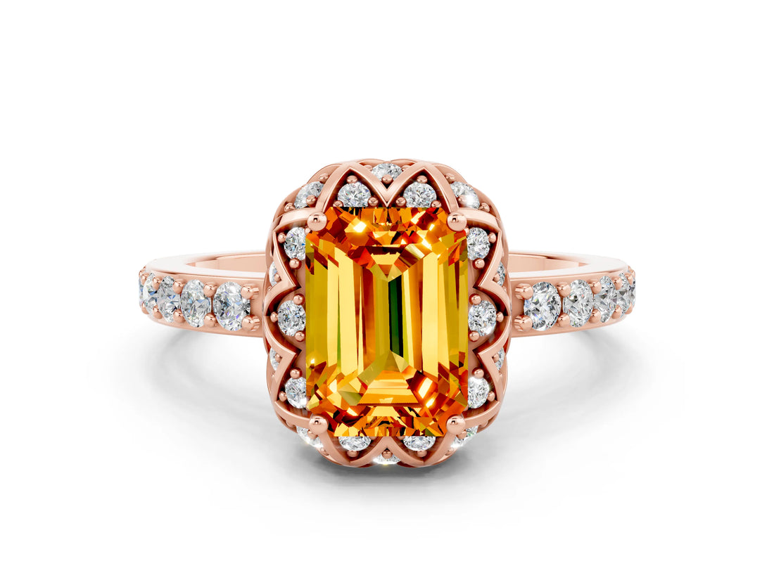 Rose gold Emerald Cut Citrine Scalloped Halo Engagement Ring with Round Shared Prong Band_24