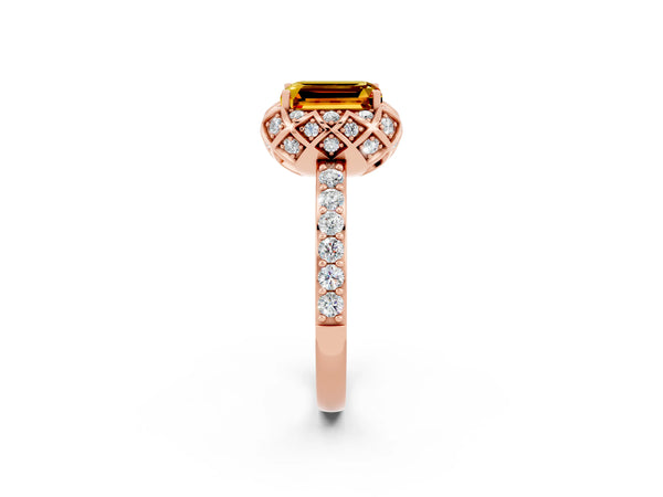 Rose gold Emerald Cut Citrine Scalloped Halo Engagement Ring with Round Shared Prong Band