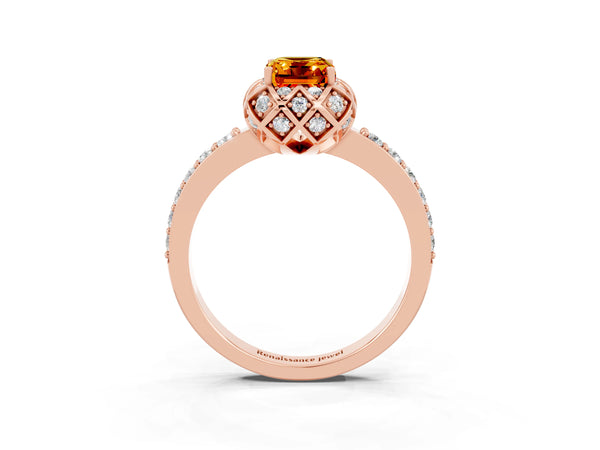 Rose gold Emerald Cut Citrine Scalloped Halo Engagement Ring with Round Shared Prong Band
