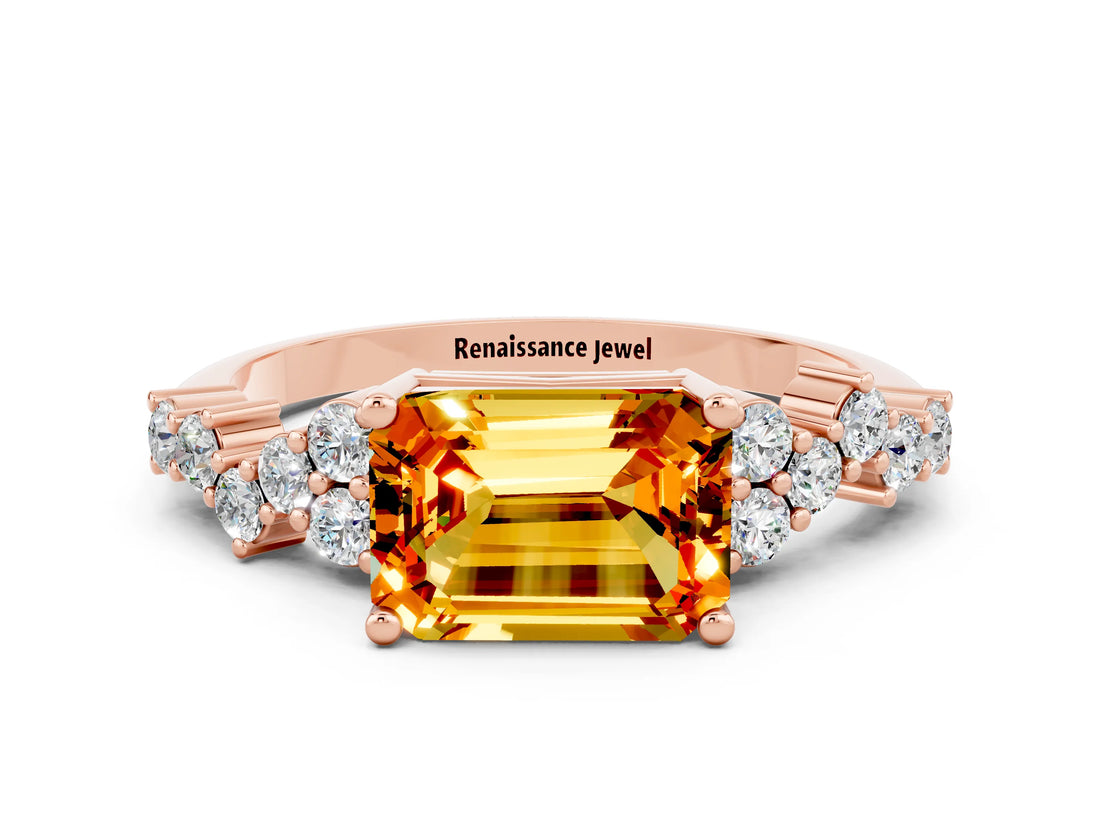 Rose gold Emerald Cut Citrine Scattered Round Accent Ring with Prong Setting_12