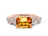 Rose gold Emerald Cut Citrine Scattered Round Accent Ring with Prong Setting_12
