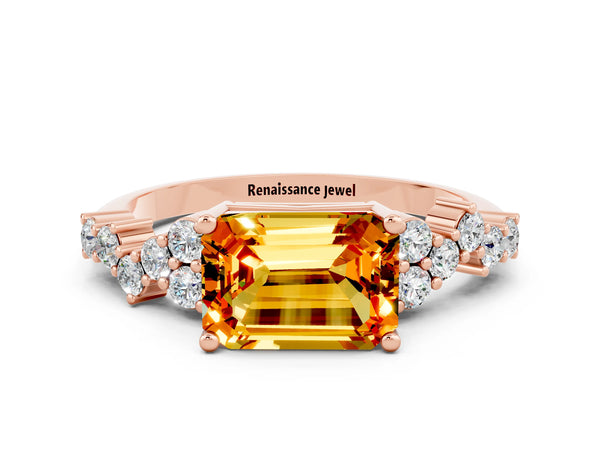 Rose gold Emerald Cut Citrine Scattered Round Accent Ring with Prong Setting