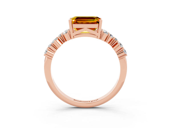Rose gold Emerald Cut Citrine Scattered Round Accent Ring with Prong Setting