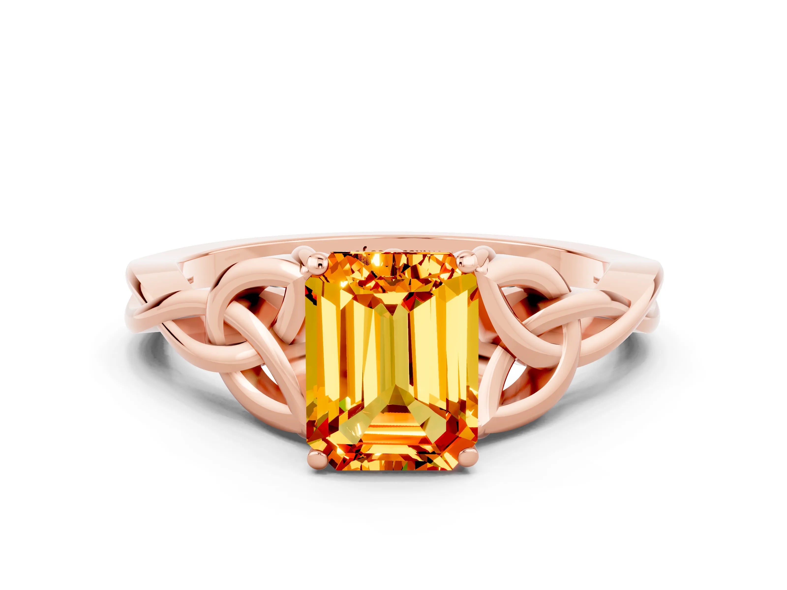 Rose gold Emerald Cut Citrine Solitaire Celtic Knot Ring with Four-Prong Setting_12