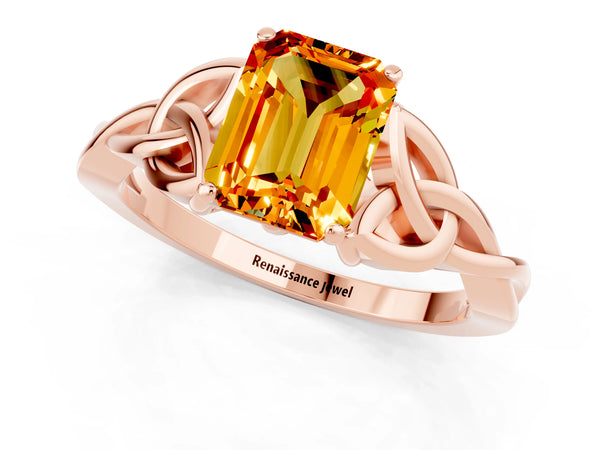 Rose gold Emerald Cut Citrine Solitaire Celtic Knot Ring with Four-Prong Setting