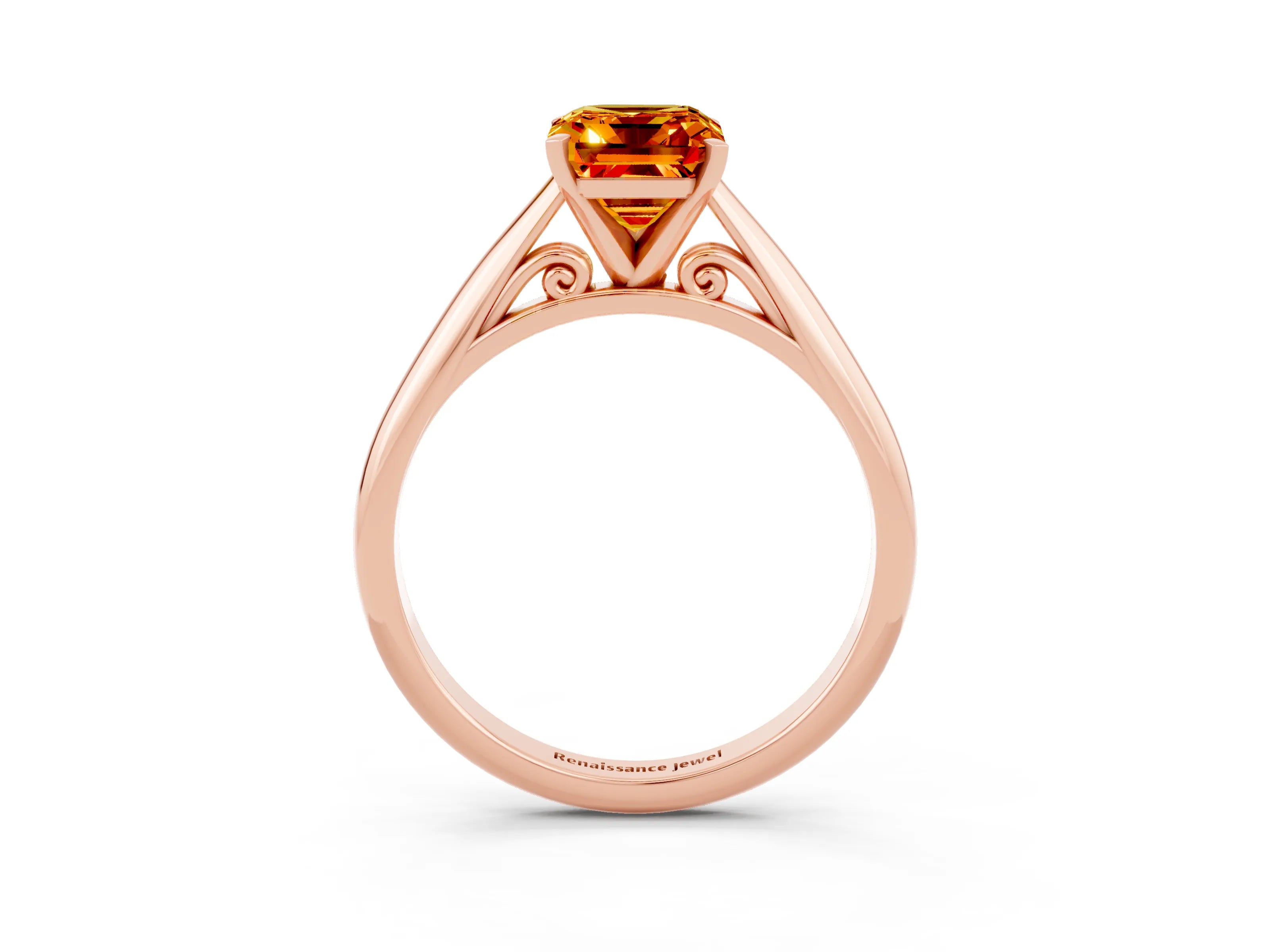 Rose gold Emerald Cut Citrine Solitaire Engagement Ring with Cathedral Setting and Four-Prong Mount_15