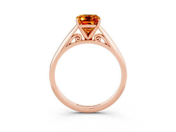 Rose gold Emerald Cut Citrine Solitaire Engagement Ring with Cathedral Setting and Four-Prong Mount