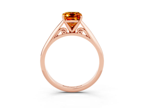 Rose gold Emerald Cut Citrine Solitaire Engagement Ring with Cathedral Setting and Four-Prong Mount
