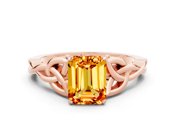 Rose gold Emerald Cut Citrine Solitaire Engagement Ring with Celtic Knot Band and Four-Prong Setting