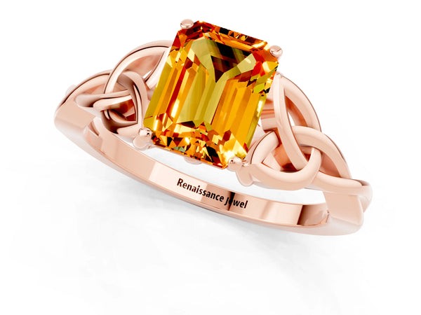 Rose gold Emerald Cut Citrine Solitaire Engagement Ring with Celtic Knot Band and Four-Prong Setting