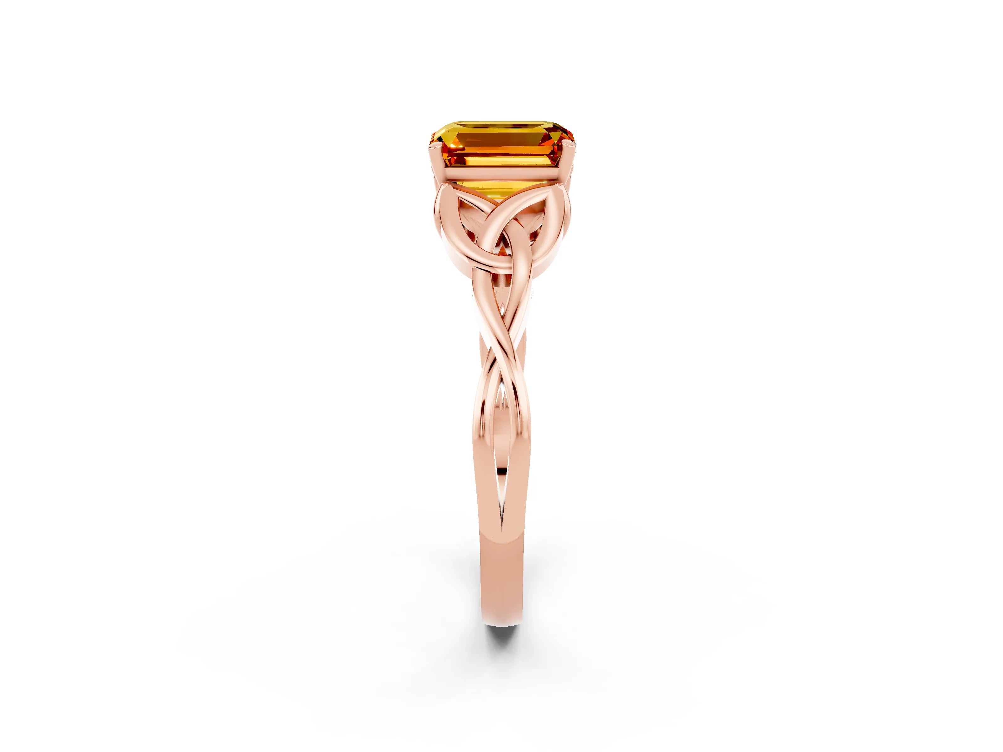 Rose gold Emerald Cut Citrine Solitaire Engagement Ring with Celtic Knot Band and Four-Prong Setting_2