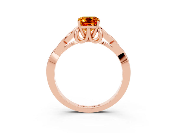 Rose gold Emerald Cut Citrine Solitaire Engagement Ring with Celtic Knot Band and Four-Prong Setting