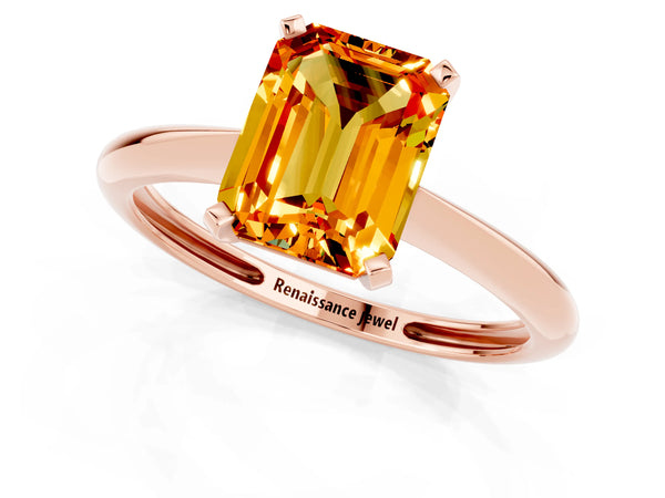 Rose gold Emerald Cut Citrine Solitaire Engagement Ring with Classic Band and Four-Prong Setting