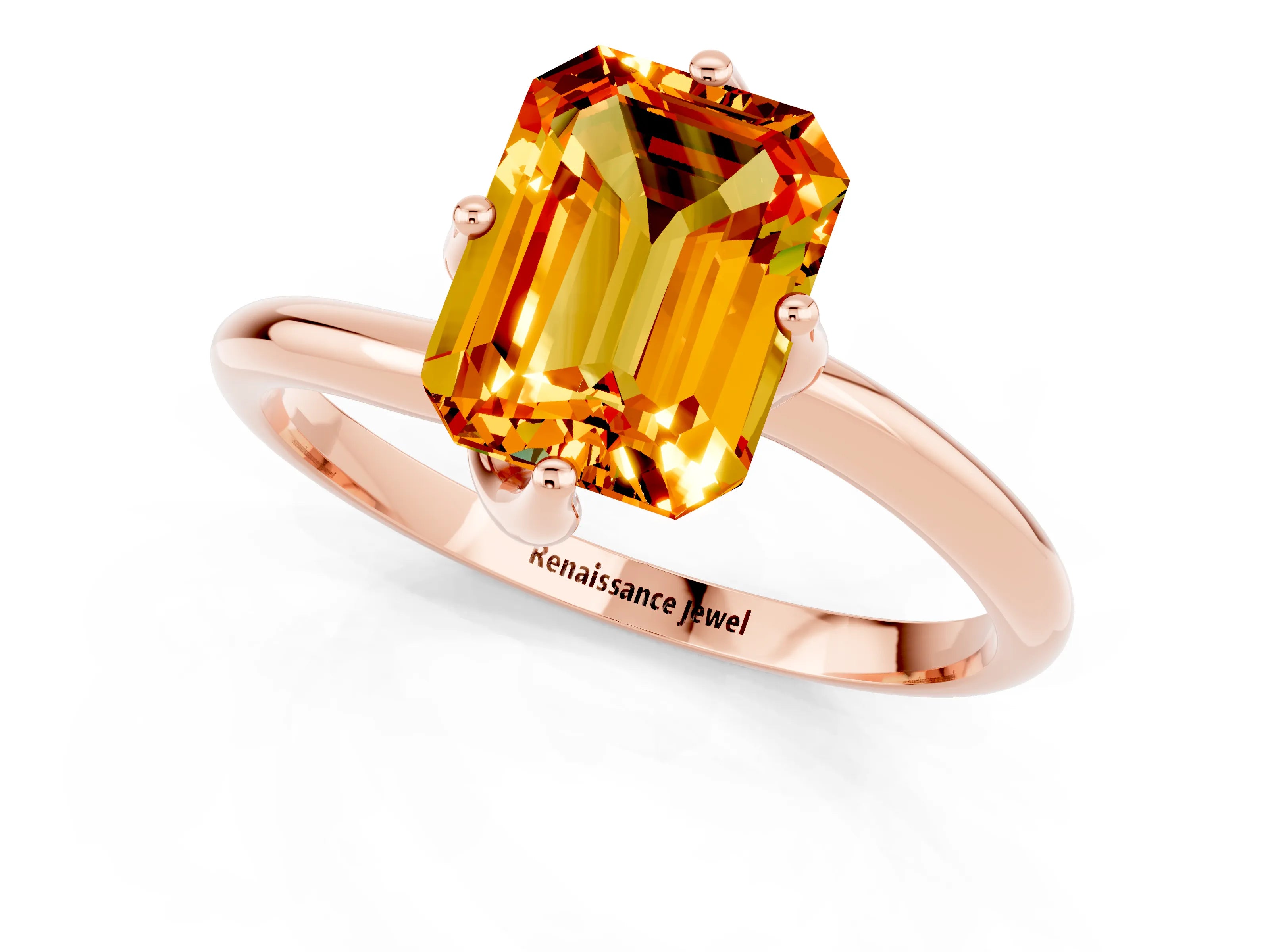 Rose gold Emerald Cut Citrine Solitaire Engagement Ring with Four-Prong Setting and Classic Band_13