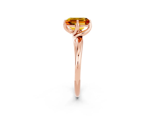 Rose gold Emerald Cut Citrine Solitaire Engagement Ring with Four-Prong Setting and Classic Band