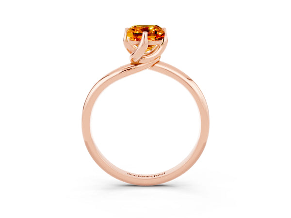 Rose gold Emerald Cut Citrine Solitaire Engagement Ring with Four-Prong Setting and Classic Band