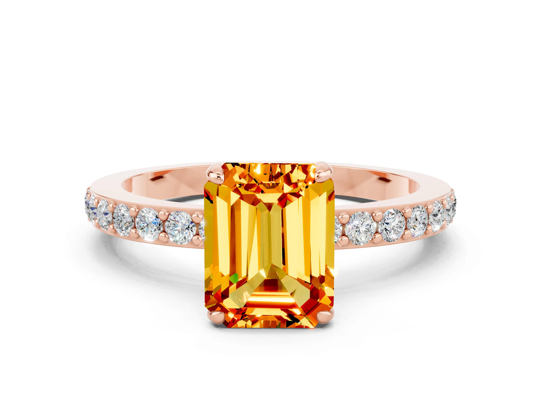 Rose gold Emerald Cut Citrine Solitaire Engagement Ring with Pavé Band and Four-Prong Setting