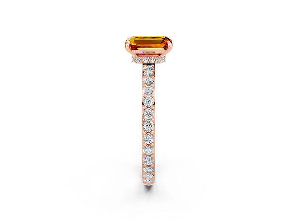 Rose gold Emerald Cut Citrine Solitaire Engagement Ring with Pavé Band and Four-Prong Setting