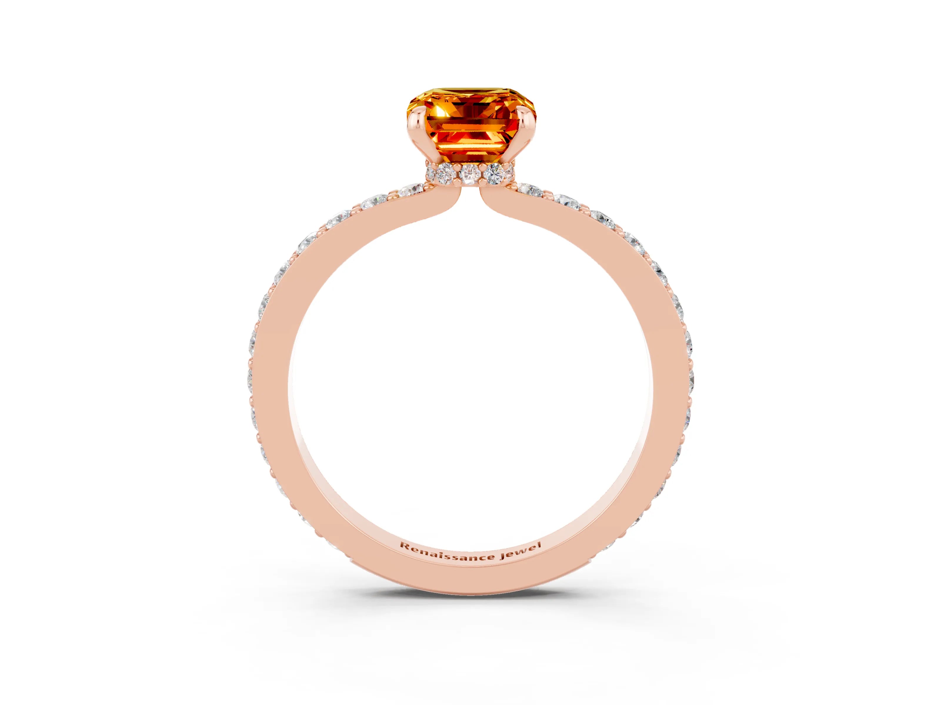 Rose gold Emerald Cut Citrine Solitaire Engagement Ring with Pavé Band and Four-Prong Setting_3
