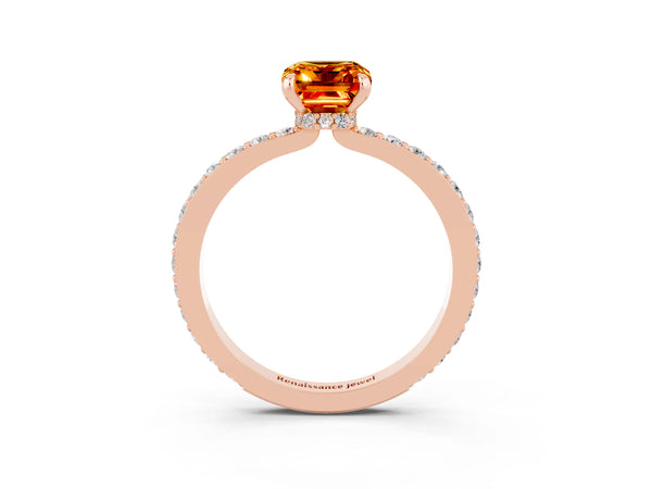 Rose gold Emerald Cut Citrine Solitaire Engagement Ring with Pavé Band and Four-Prong Setting