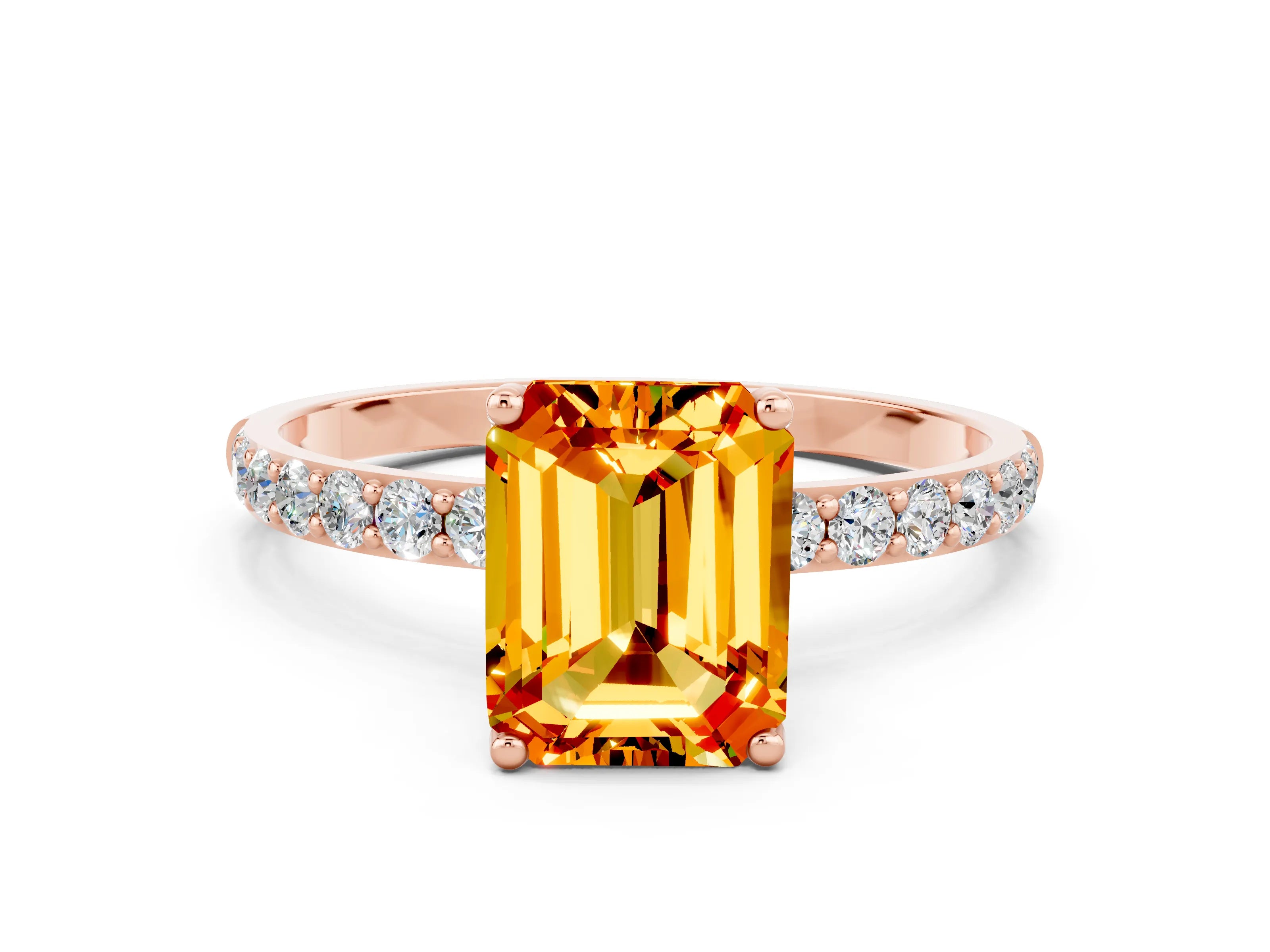 Rose gold Emerald Cut Citrine Solitaire Engagement Ring with Pavé Band and Prong Setting