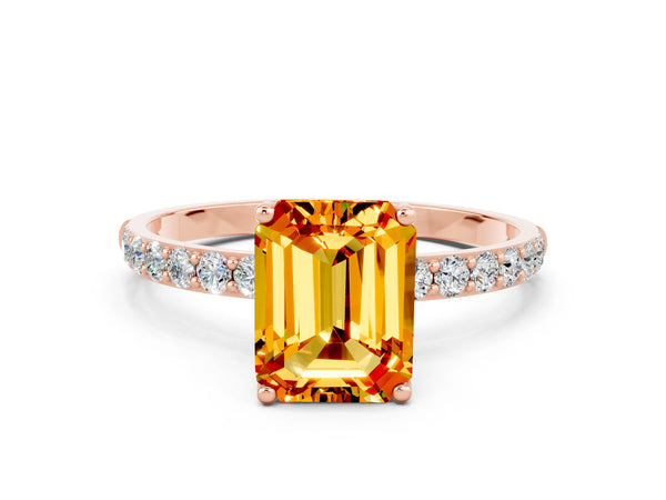 Rose gold Emerald Cut Citrine Solitaire Engagement Ring with Round  Pavé Band and Prong Setting